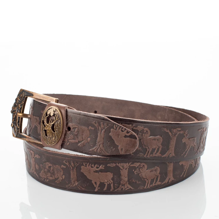 Vadász öv szarvasfej mintával barna színben 
