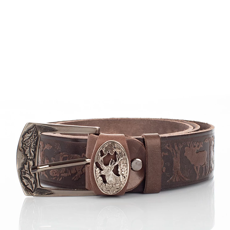 Vadász öv szarvasfej mintával barna színben 115 cm