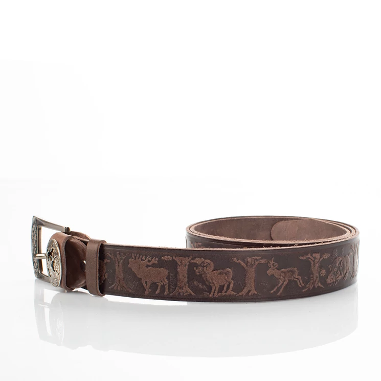 Vadász öv szarvasfej mintával barna színben 115 cm