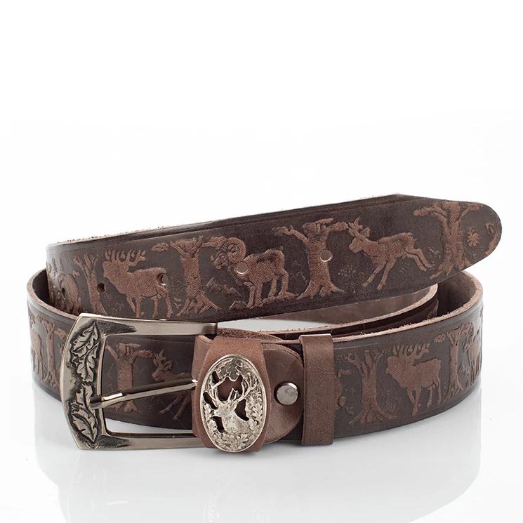 Vadász öv szarvasfej mintával barna színben 115 cm