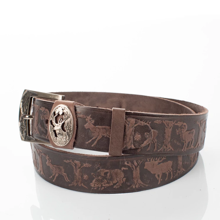 Vadász öv szarvasfej mintával barna színben 115 cm