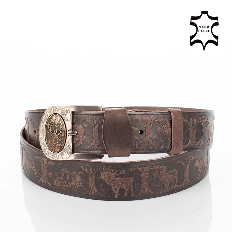 Vadász öv szarvasfej mintával barna színben 135 cm-től 90 cm-ig