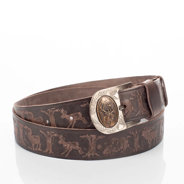 Vadász öv szarvasfej mintával barna színben 135 cm-től 90 cm-ig