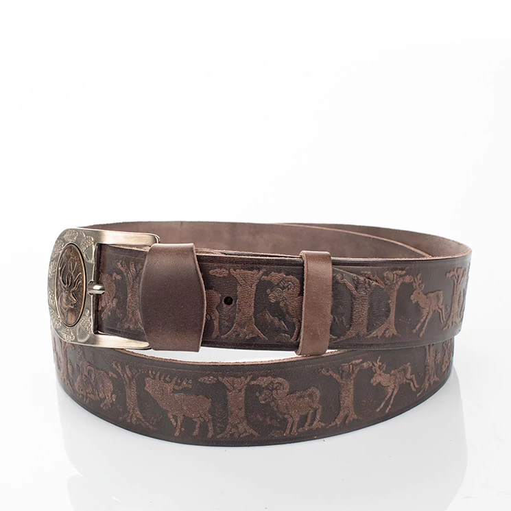 Vadász öv szarvasfej mintával barna színben 135 cm-től 90 cm-ig