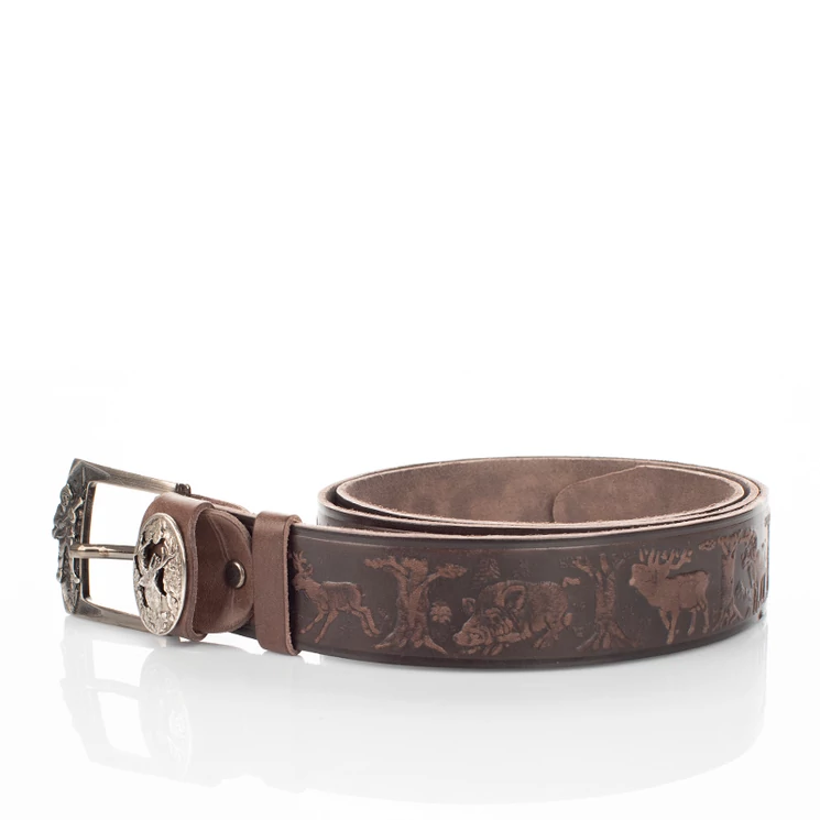 Vadász öv szarvasfej mintával barna színben 