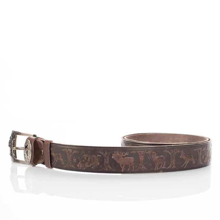 Vadász öv szarvasfej mintával barna színben 