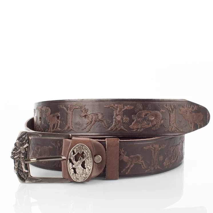 Vadász öv szarvasfej mintával barna színben 