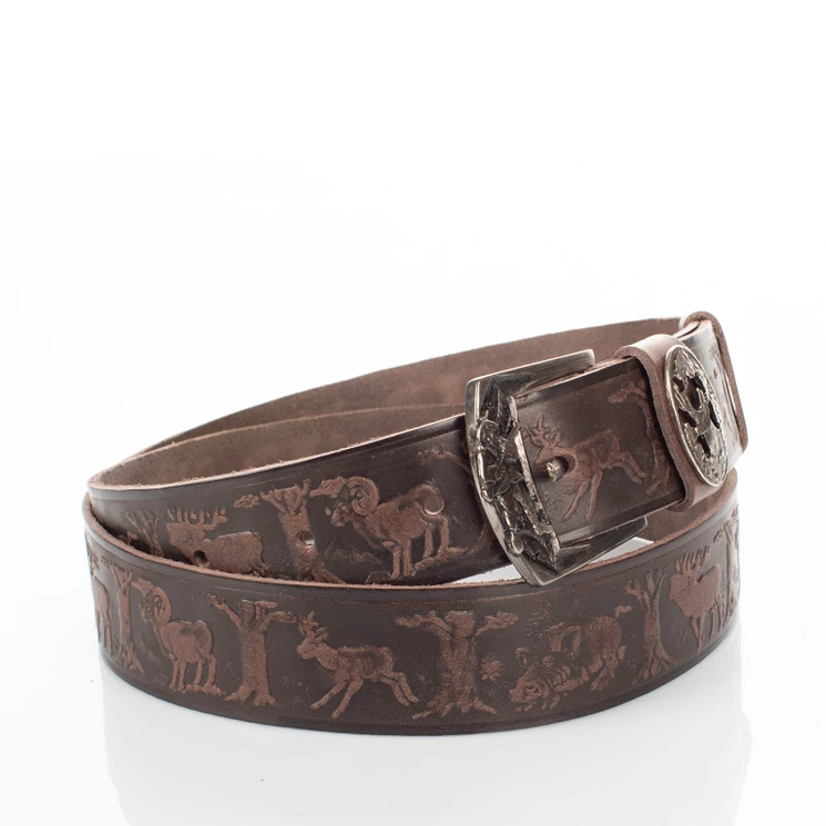 Vadász öv szarvasfej mintával barna színben 