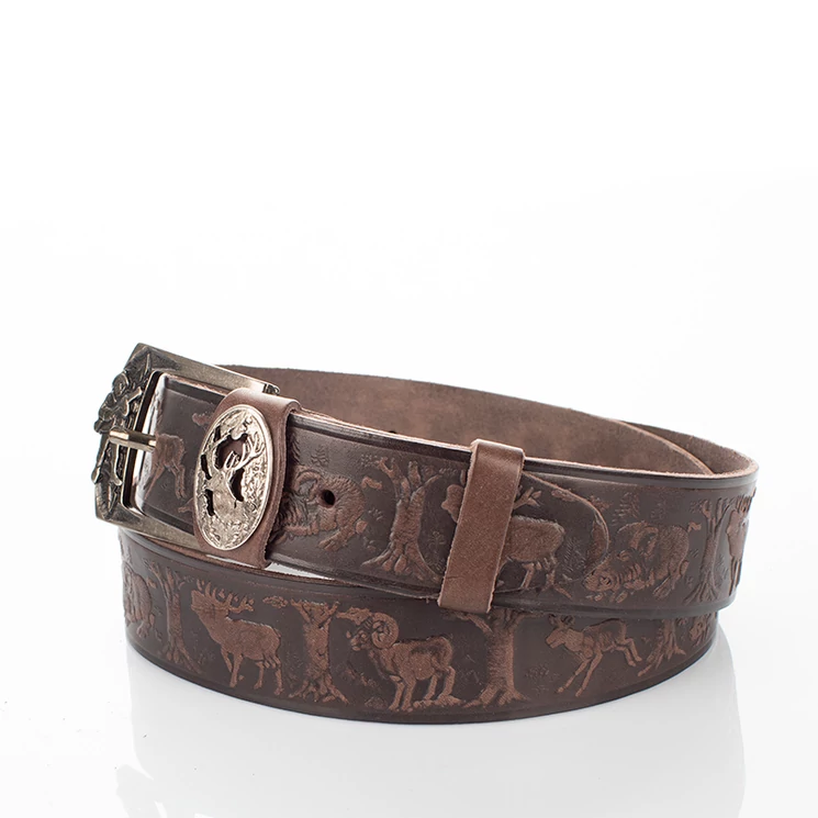 Vadász öv szarvasfej mintával barna színben 