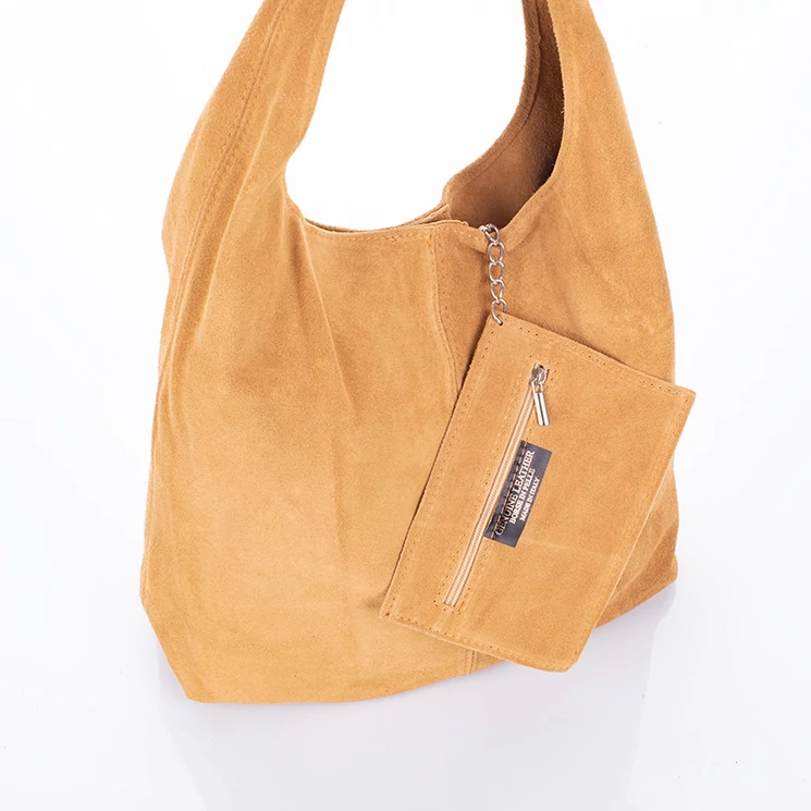 Valódi velúrbőr női táska karamel színben