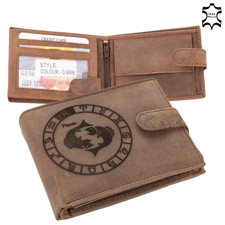 Bőr pénztárca barna színben Horoszkóp mintával RFID védelemmel Halak 5702-pisces