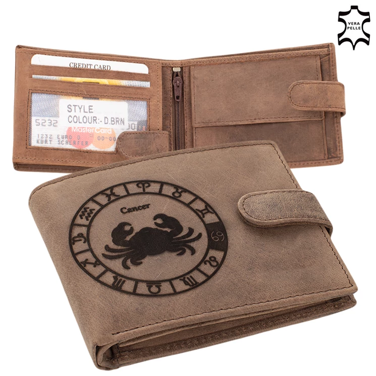 Bőr pénztárca barna színben Horoszkóp mintával Rák RFID védelemmel 5702-cancer