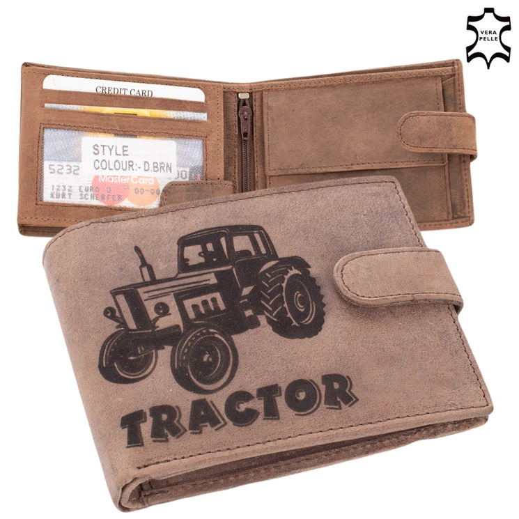 Bőr pénztárca barna színben traktor mintával RFID védelemmel díszdobozban 5702-tractor