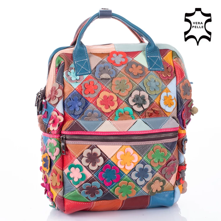  Többfunkciós virágmintás Valódi bőr női hátizsák 
