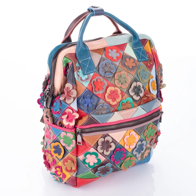  Többfunkciós virágmintás Valódi bőr női hátizsák 