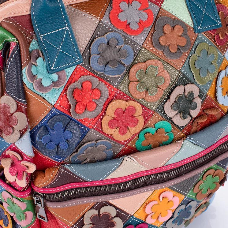  Többfunkciós virágmintás Valódi bőr női hátizsák 