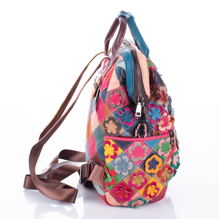  Többfunkciós virágmintás Valódi bőr női hátizsák 