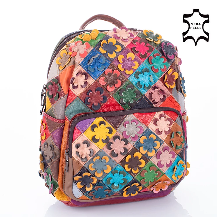 Virágmintás Valódi bőr női hátizsák Patchwork mintával