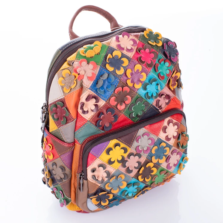 Virágmintás Valódi bőr női hátizsák Patchwork mintával
