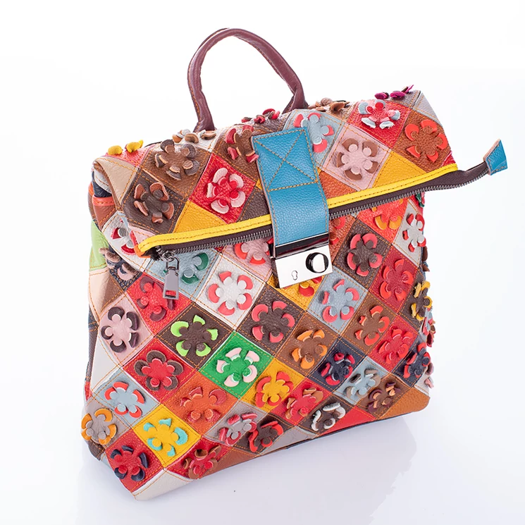 Virágmintás Valódi bőr női hátizsák Patchwork mintával