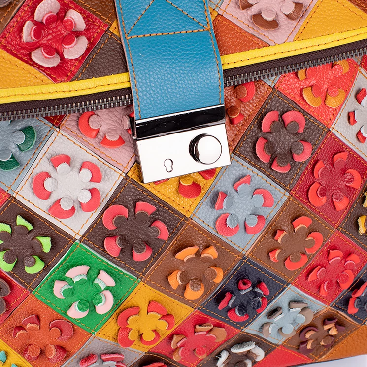 Virágmintás Valódi bőr női hátizsák Patchwork mintával