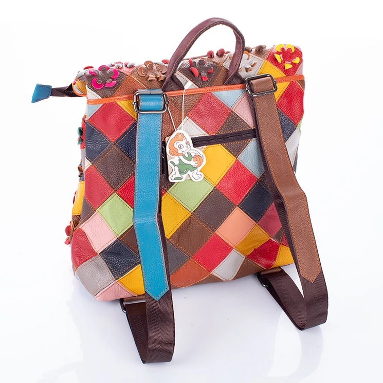Virágmintás Valódi bőr női hátizsák Patchwork mintával