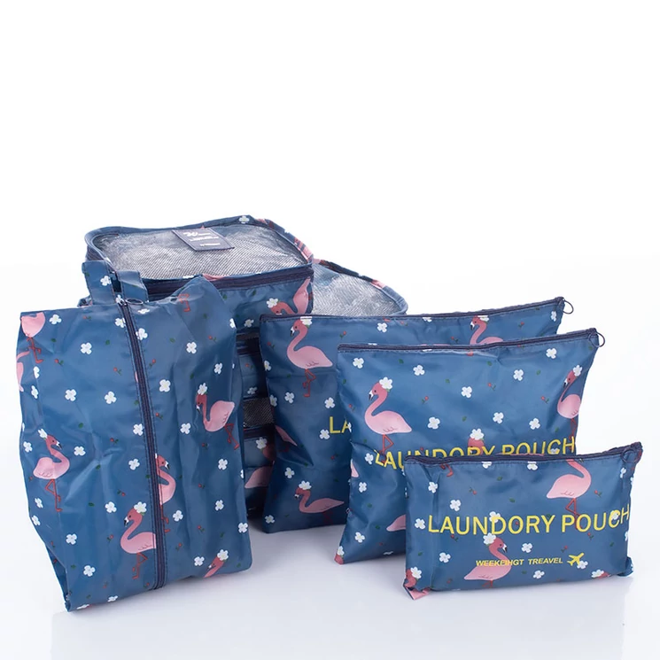 Bőröndrendező táskák utazáshoz 7 db-os szett sötétkék flamingó