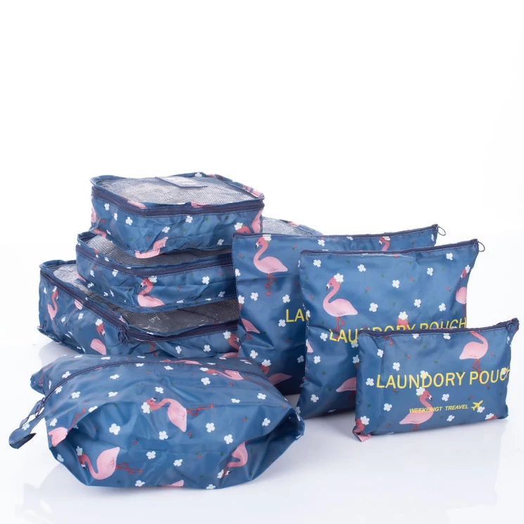 Bőröndrendező táskák utazáshoz 7 db-os szett sötétkék flamingó