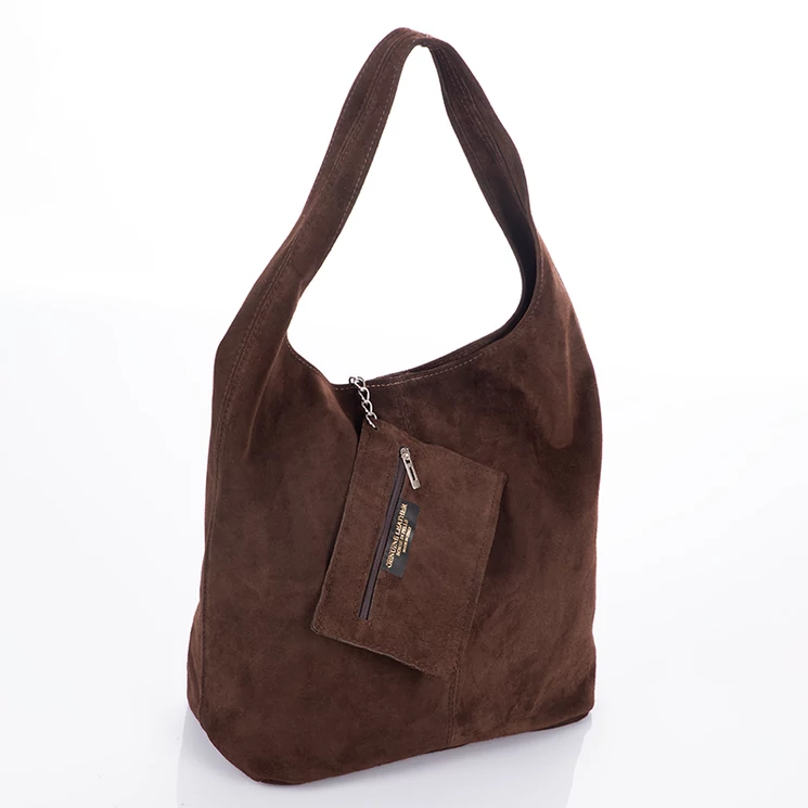 Valódi velúrbőr női táska sötétbarna színben