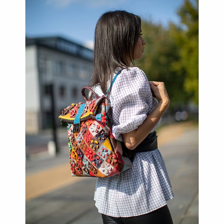Virágmintás Valódi bőr női hátizsák Patchwork mintával