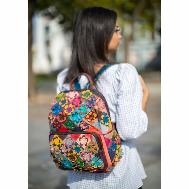 Virágmintás Valódi bőr női hátizsák Patchwork mintával