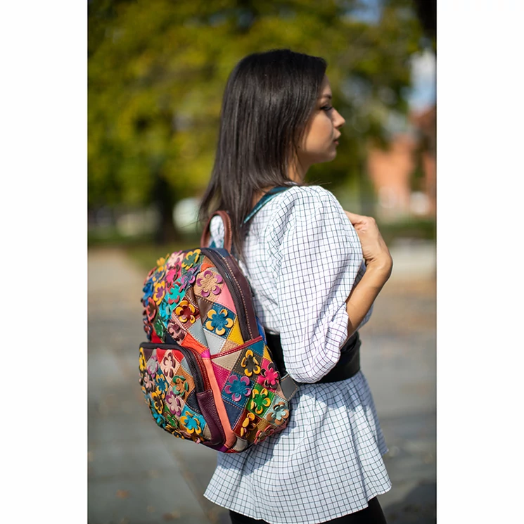 Virágmintás Valódi bőr női hátizsák Patchwork mintával
