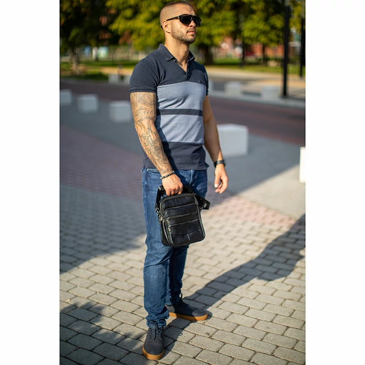 Valódi bőr férfi oldaltáska fekete színben 6612-black