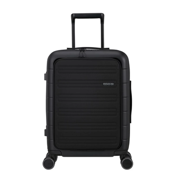 American Tourister Novastream bővíthető Spinner bőrönd 55 + laptop tartó rekesz fekete 