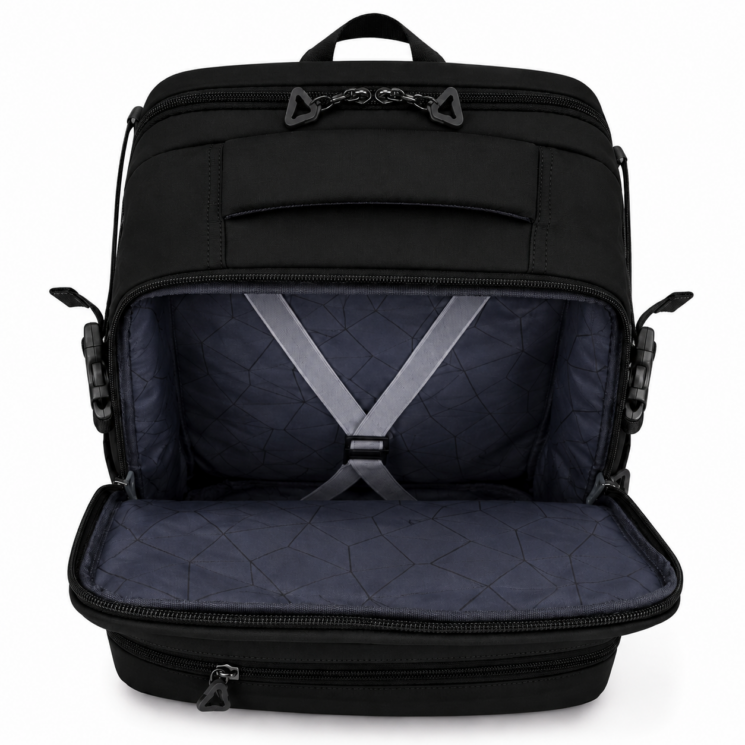 Vízálló Laptoptartós Utazó Hátizsák USB csatlakozóval WizzAir-Ryanair méretű 40x30x20 cm fekete színben