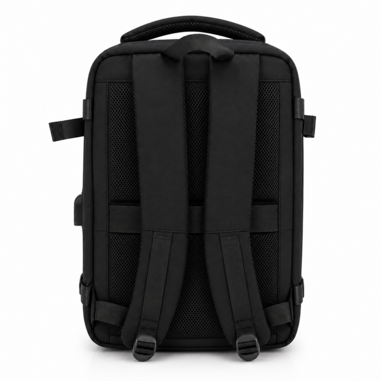 Vízálló Laptoptartós Utazó Hátizsák USB csatlakozóval WizzAir-Ryanair méretű 40x30x20 cm fekete színben