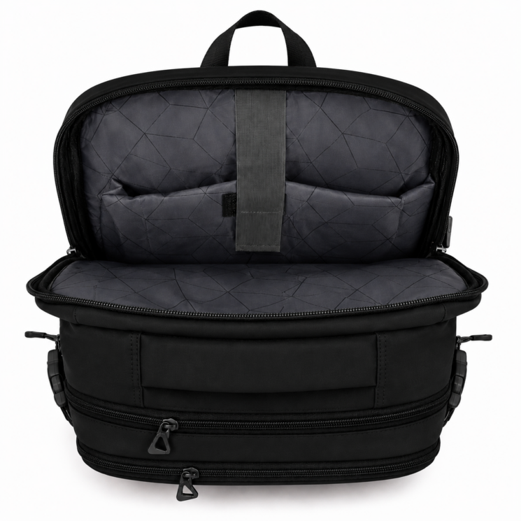Vízálló Laptoptartós Utazó Hátizsák USB csatlakozóval WizzAir-Ryanair méretű 40x30x20 cm fekete színben