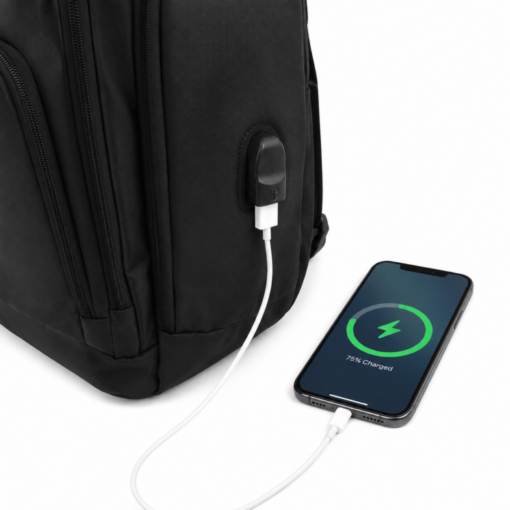 Bővíthető fekete laptoptartós hátizsák USB töltővel – utazáshoz, munkába és iskolába