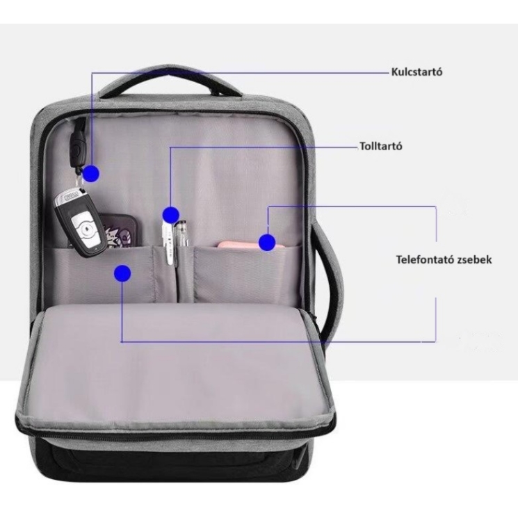 Fedélzeti méretű laptophátizsák 40 x 30 x 20 cm USB csatlakozóval
