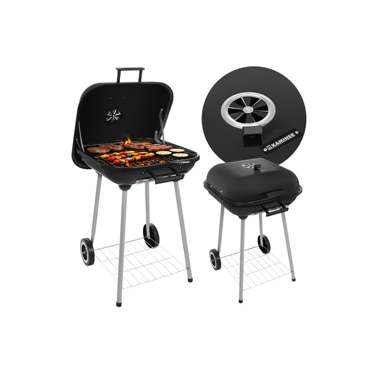 Faszenes olcsó grillsütő fedővel, nagy, hordozható ráccsal, stabil polccal, fogantyúval