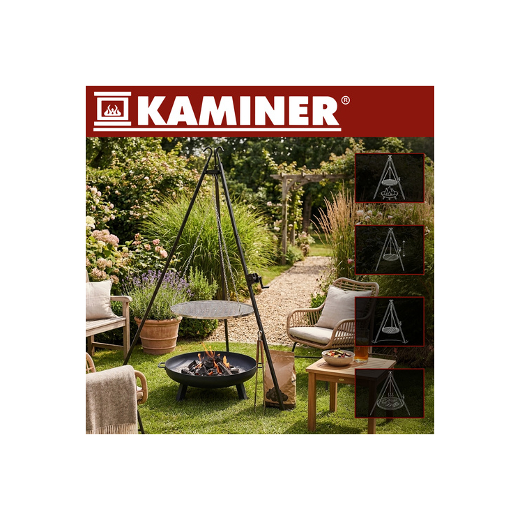 Kerti grillsütő állvány 190x70 cm Kaminer rozsdamentes acél rács magasságállítás