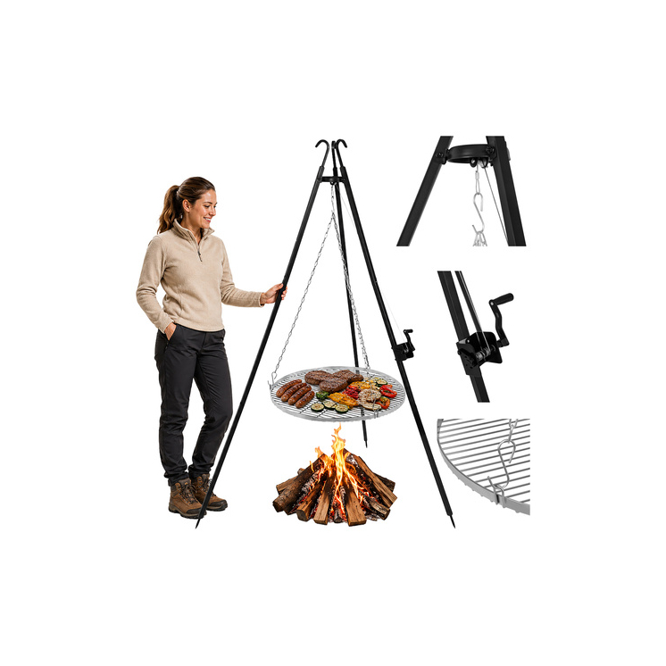 Kerti grillsütő állvány 190x70 cm Kaminer rozsdamentes acél rács magasságállítás