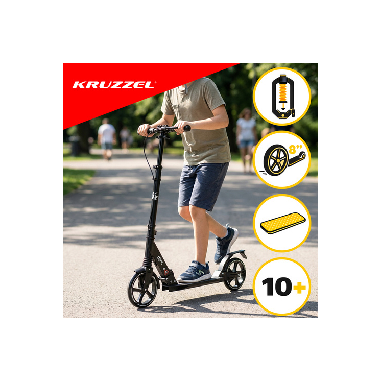 KRUZZEL Fekete nagyméretű összecsukható városi roller felfüggesztéssel, tárcsafékkel és állítható kormánymagassággal