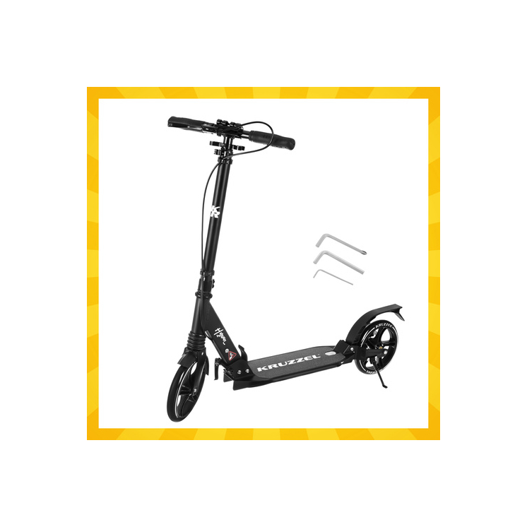 KRUZZEL Fekete nagyméretű összecsukható városi roller felfüggesztéssel, tárcsafékkel és állítható kormánymagassággal