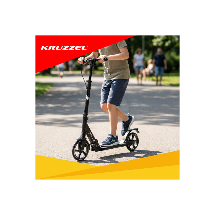 KRUZZEL Fekete nagyméretű összecsukható városi roller felfüggesztéssel, tárcsafékkel és állítható kormánymagassággal