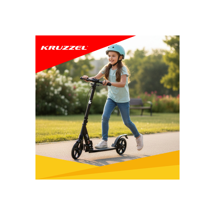 KRUZZEL Fekete nagyméretű összecsukható városi roller felfüggesztéssel, tárcsafékkel és állítható kormánymagassággal