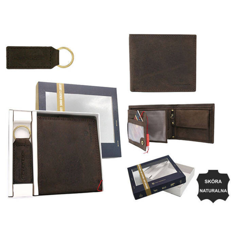 PTN SET-M-N992-CHM Barna bőr pénztárca + kulcstartó szett