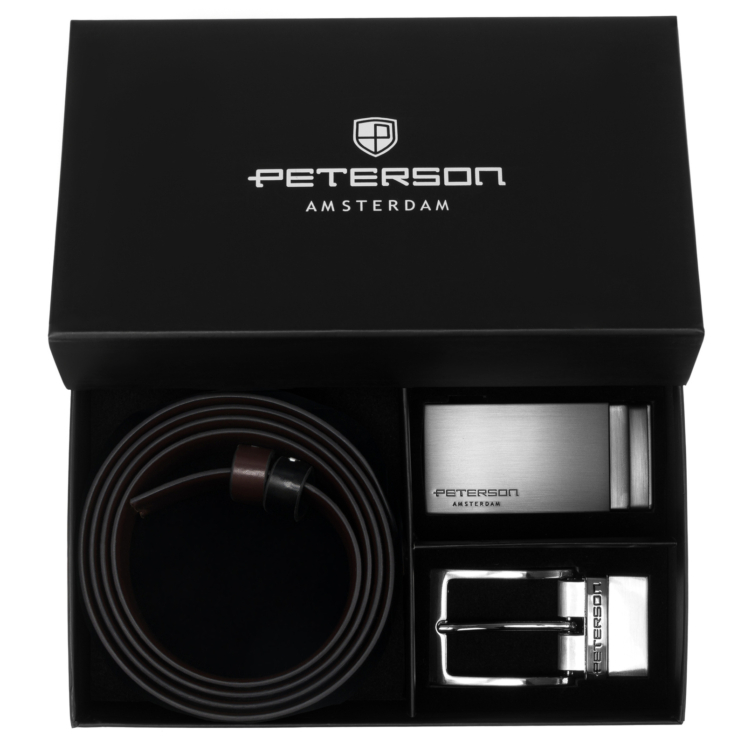Ajándék szett: férfi kétoldalas bőr öv + 2 csat Peterson PTN KL-B005-S001 Fekete+D.Barna