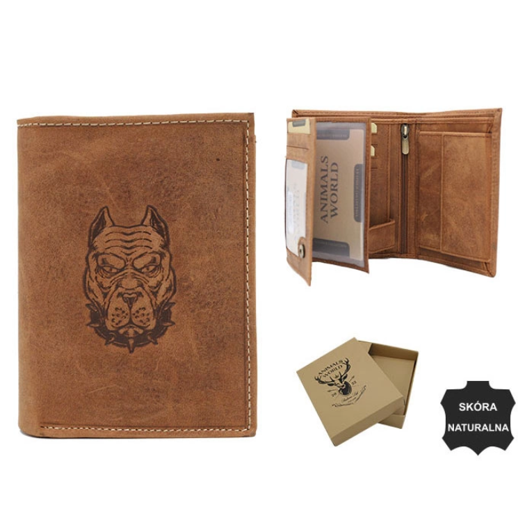 Férfi bőr pénztárca RFID kutyafej gravírozással díszítve N4-CHM-DOG-2 Cognac