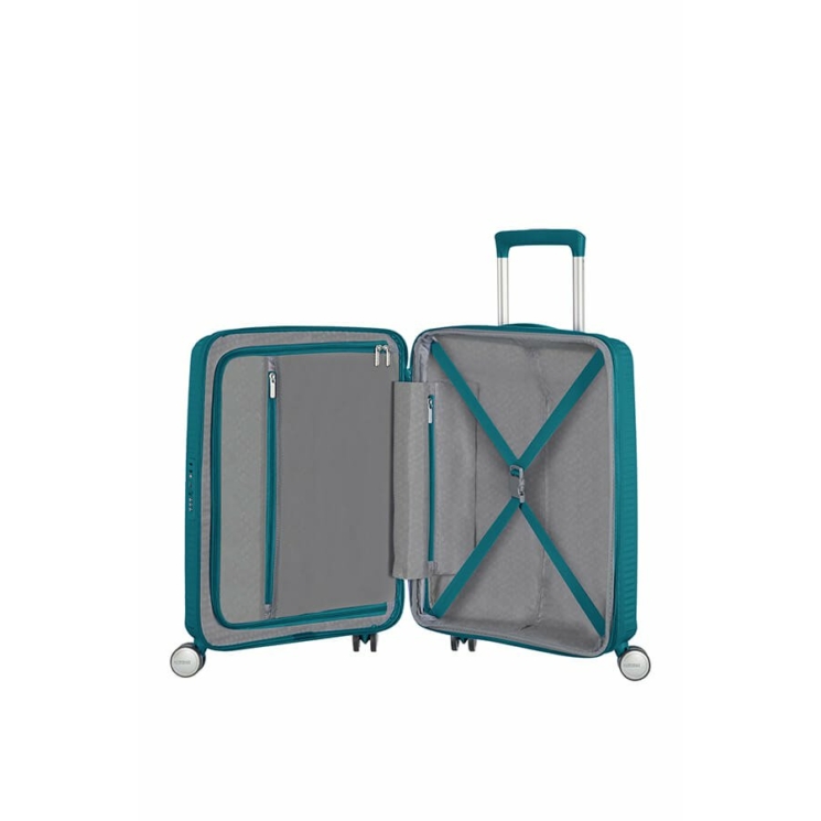 American Tourister Soundbox bővíthető Spinner bőrönd 55 fűzöld színben